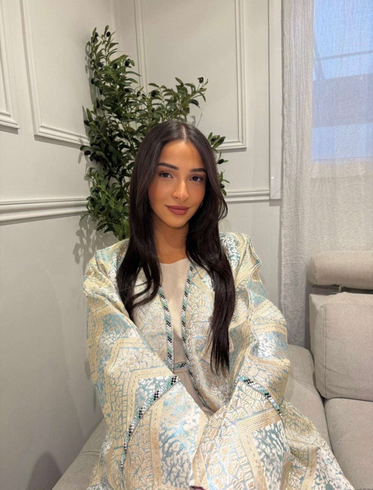 ABAYA BROCART BLEU/BLANC