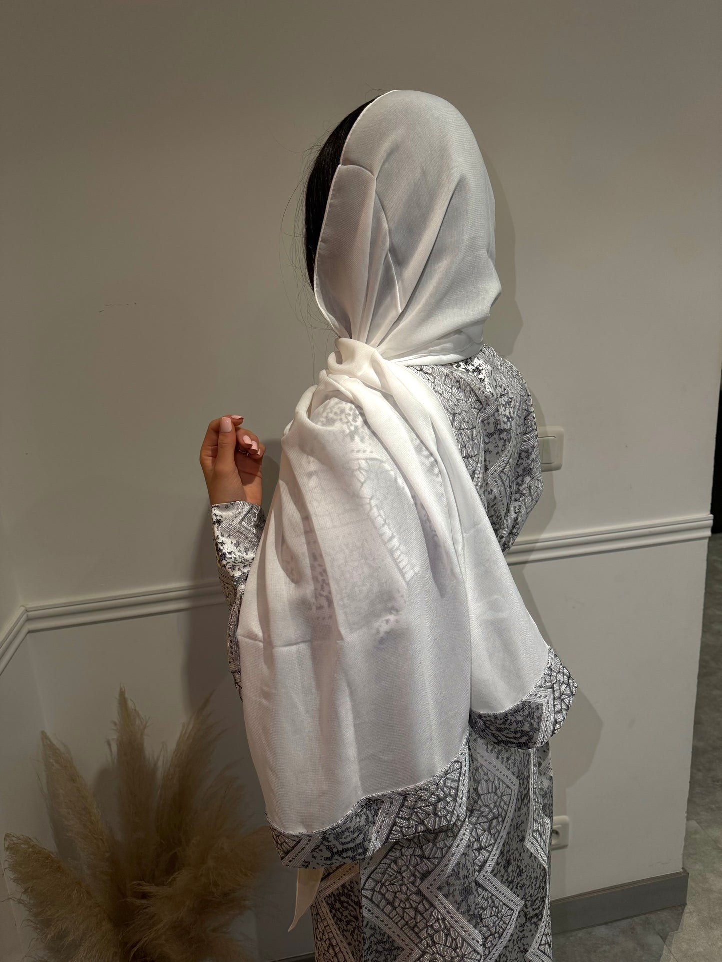 ABAYA BROCART -ARGENT/BLANC