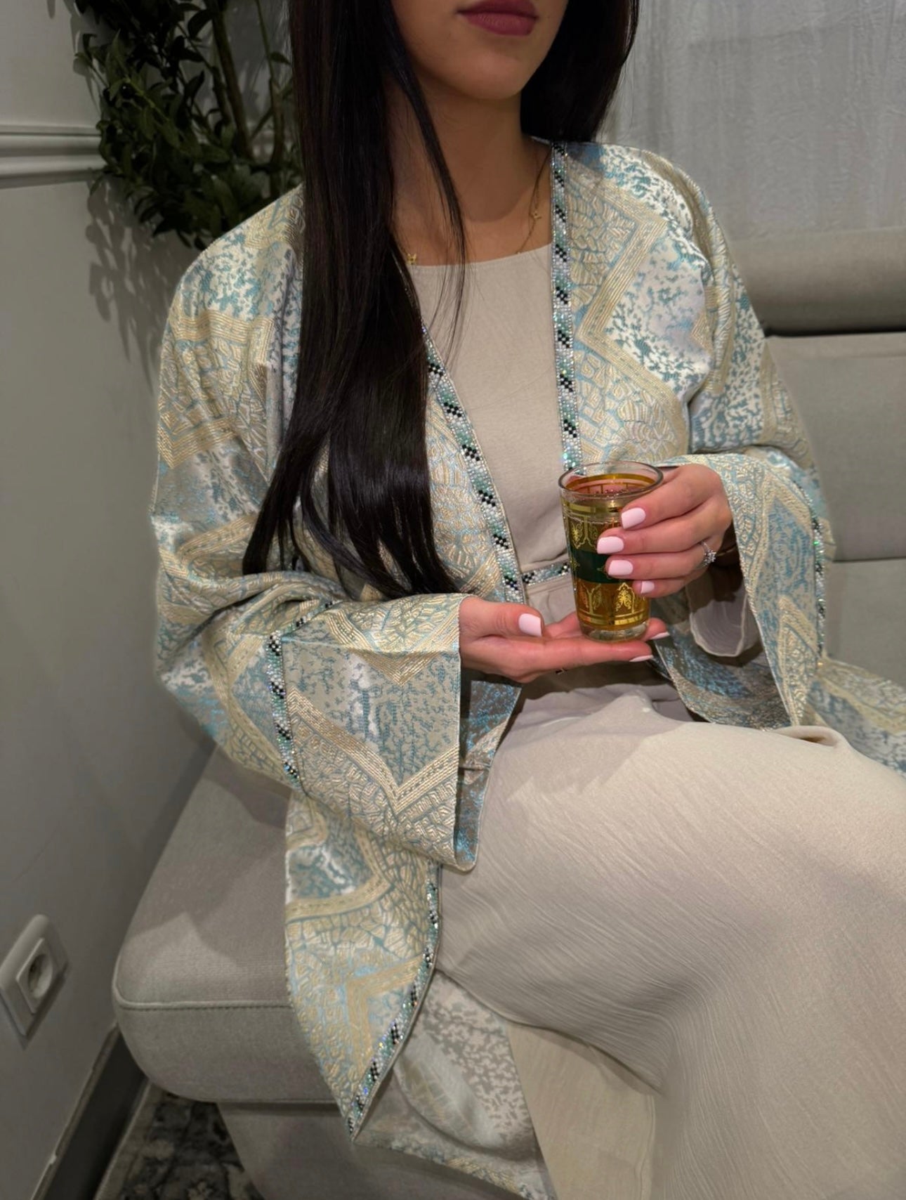 ABAYA BROCART BLEU/BLANC